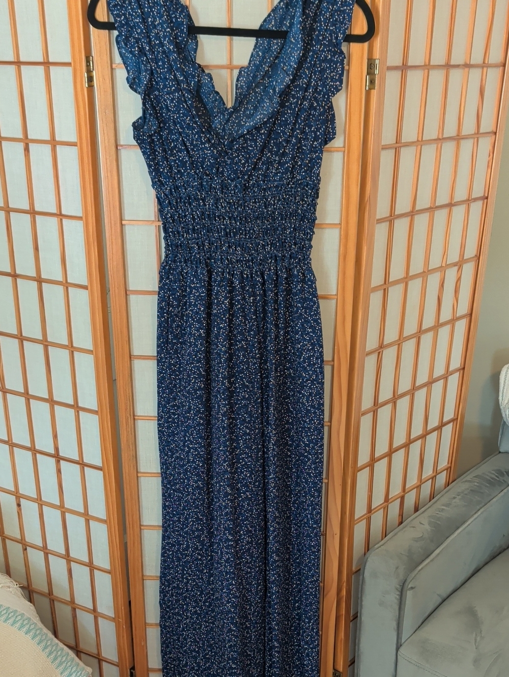 Max Studio Navy Blue Floral Ruffle Jumpsuit